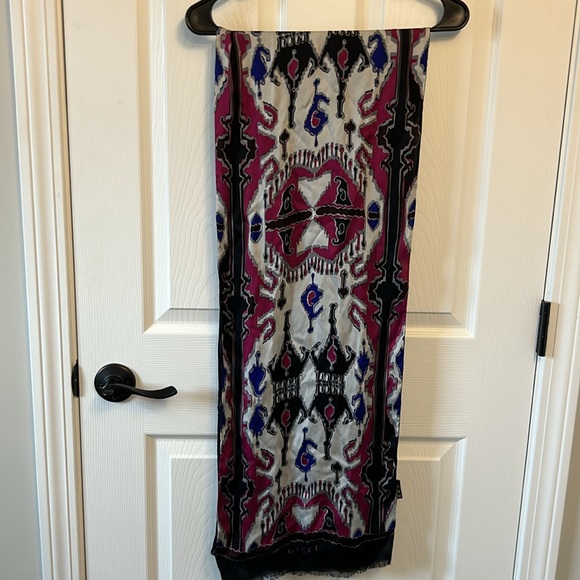 Gucci 100% silk scarf. Black with magenta and blue design. 12x70 inches. - Picture 1 of 9